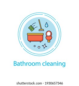 Bathroom cleaning concept line icon. Home cleanup. Bath and toilet cleanup. Washing, wiping. Cleaning service concept.Vector isolated conception metaphor illustration