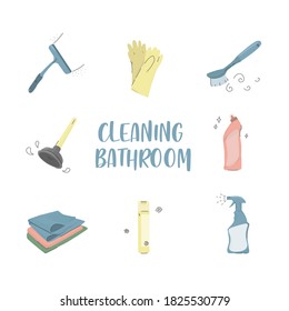 Bathroom cleaning. Set of vector color icons of cleaning tools. Plunger, brush, rags, disinfector, rubber gloves.