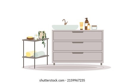 Bathroom closet cabinet and sink table. Washbasin and cupboard, care and washing accessories and products, interior furniture and decorative details, shower towels vector illustration