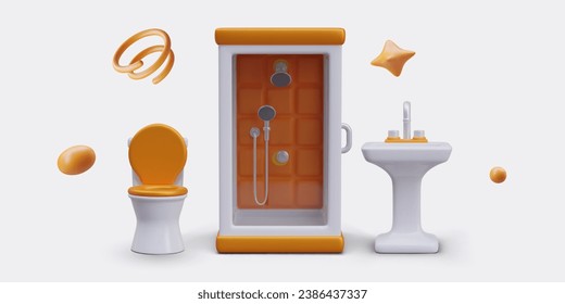 Bathroom color concept. 3D shower cabin, toilet, washstand, orange decorative elements. Vector isolated illustration in cartoon style. Set for web design