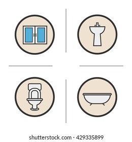 Bathroom color icons set. Cabinet, bath, toilet, washstand. Vector isolated illustrations