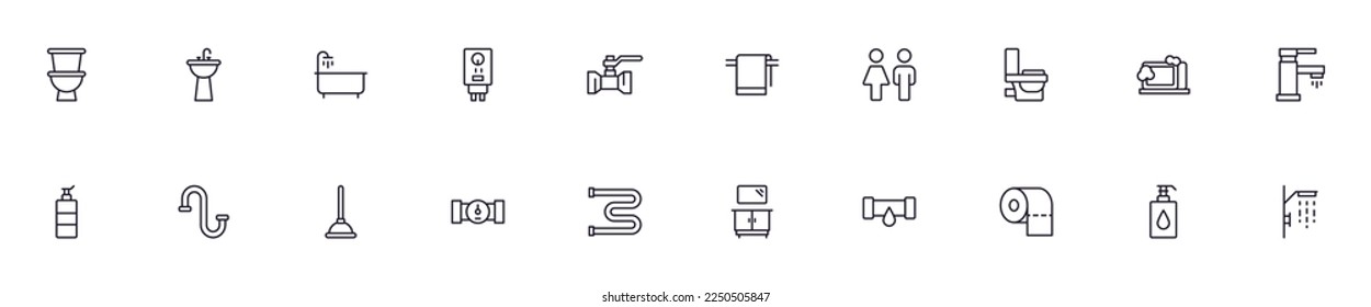 Bathroom concept. Bathroom line icon set. Collection of vector signs in trendy flat style for web sites, internet shops and stores, books and flyer. Premium quality icons isolated on white background 