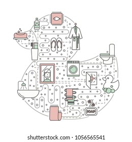 Bathroom concept vector illustration. Modern thin line art flat style design element in the shape of duck toy with bathroom symbols, icons for website banners and printed materials.