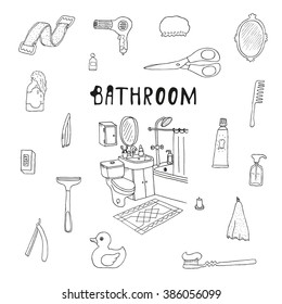 Bathroom. Cosmetics objects. Doodles. Isolated. Vector