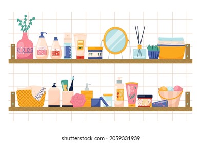 Bathroom cosmetics shelves. Body, skin and hair cares accessories, beauty products, cream cute jars, shampoo and shower gel bottles, cozy interior elements, vector isolated illustration