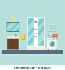 Bathroom cover with shower, sink and washing machine.  Vector flat illustration.