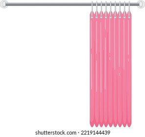 Bathroom curtain hanging. Pink shower textile drapes