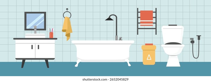 Ilustração da decoração do banheiro. Móveis de casa de banho. Torneira. Estilo de banheira. Suporte de toalha. Lavatório no banheiro.