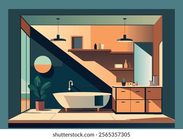 Bathroom decoration interior with furniture.Restroom with furniture bathtub, faucet toilet sink, Modern home, hotel apartment lavatory,Vector illustration.