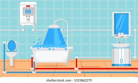 Bathroom Design Flat Vector Illustration. Contemporary Apartment Decoration. Web Banner, Poster Idea. Bath, Boiler, Toilet, Washbasin, Mirror. Hot and Cold Water, Plumbing. Room Interior Concept