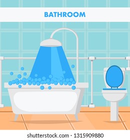 Bathroom Design Flat Vector Illustration. Modern Washing Place Decoration. Web Banner, Brochure Page Idea, Text Space. Bath, Water, Crane, Toilet, Pipes. Blue Checkered Wall. Room Interior Concept