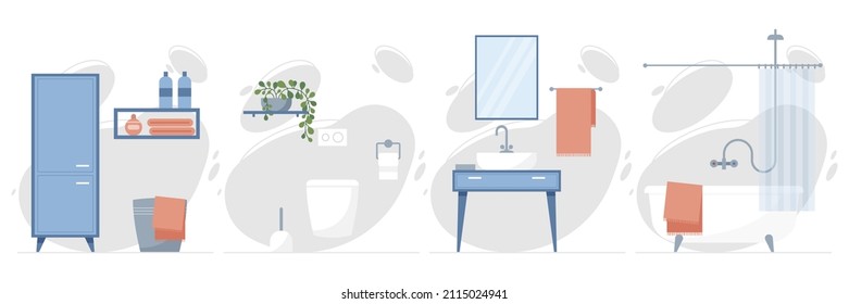 Bathroom design with furniture and accessories. Bathroom cabinet, sink, shelf, hanging toilet, mirror, towel holder, bath with shower faucet and screen. Vector illustration in flat style.