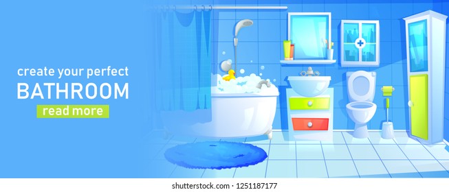 Bathroom design interior room with ceramic furniture background template.  Vector cartoon illustration