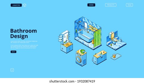 Bathroom design isometric landing page, empty room modern interior with appliances and furniture bath tub with shower, sink, mirror, toilet bowl, tiled floor and window, 3d vector line art web banner