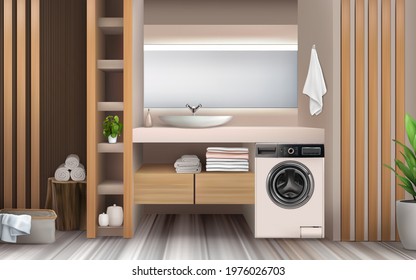 Bathroom design with washing machine. Stylish vector realistic interior with wooden elements.