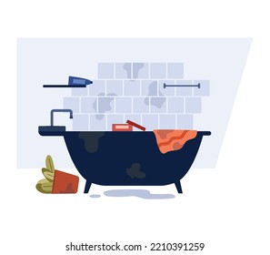 Bathroom with dirt stains and scattered things flat style, vector illustration isolated on white background. Puddle on the floor, fallen flower, dirt. Housework concept, unhygienic, unsanitary