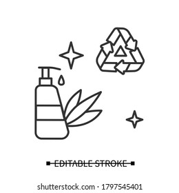 Bathroom dispenser icon. Organic hand sanitizer bottle with recycling line pictogram. Concept of recyclable package and containers, hygiene and covid health safety. Editable stroke vector illustration