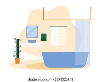 Bathroom dominated by blue, modern concept, simple furniture and interior, vector illustration.