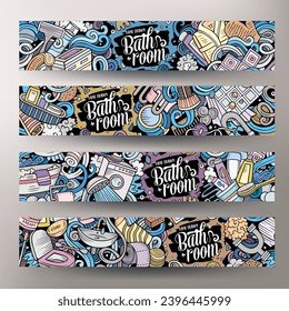 Bathroom doodle banners set. Cartoon detailed Bath identity with objects and symbols. Colorful vector template illustration