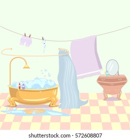 Bathroom with drawers and blue curtains. Bathtub filled with foam, drying towel and linen. Soap bubbles with spilled puddle