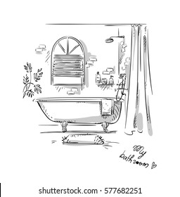 Bathroom drawing, interior design. Vector illustration.  
