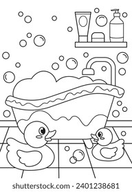 Bathroom with ducks and bubbles. Background, coloring page, black and white vector illustration.