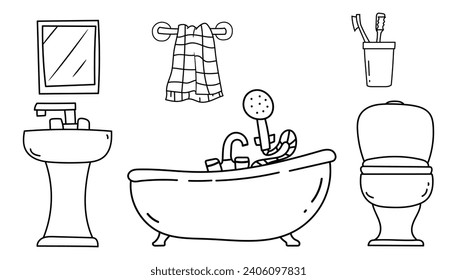 Bathroom element set of hand drawn outline vector illustrations. Sink with a mirror, Bathtub, Hanging towel, Toothbrushes in a cup, Toilet bowl.