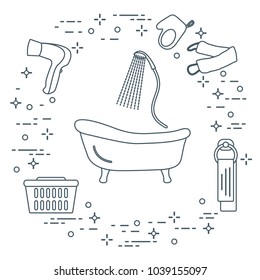 Bathroom elements: bath, shower, hairdryer, washcloths, towel, laundry basket. Design for poster or print.