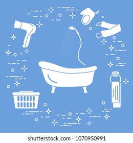 Bathroom elements: bath, shower, hairdryer, washcloths, towel, laundry basket. Design for poster or print.