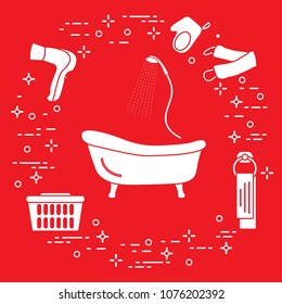 Bathroom elements: bath, shower, hairdryer, washcloths, towel, laundry basket. Design for poster or print.