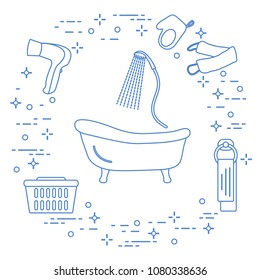 Bathroom elements: bath, shower, hairdryer, washcloths, towel, laundry basket. Design for poster or print.