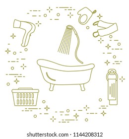 Bathroom elements: bath, shower, hairdryer, washcloths, towel, laundry basket. Design for poster or print.