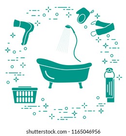 Bathroom elements: bath, shower, hairdryer, washcloths, towel, laundry basket. Design for poster or print.