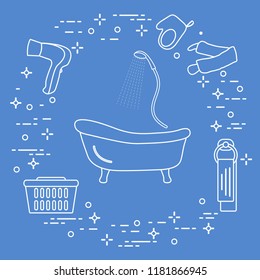 Bathroom elements: bath, shower, hairdryer, washcloths, towel, laundry basket. Design for poster or print.