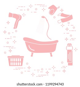 Bathroom elements: bath, shower, hairdryer, washcloths, towel, laundry basket. Design for poster or print.
