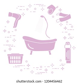 Bathroom elements: bath, shower, hairdryer, washcloths, towel, laundry basket. Design for poster or print.