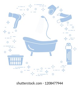 Bathroom elements: bath, shower, hairdryer, washcloths, towel, laundry basket. Design for poster or print.