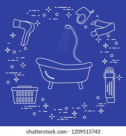 Bathroom elements: bath, shower, hairdryer, washcloths, towel, laundry basket. Design for poster or print.