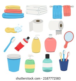 Bathroom elements cartoon set. Vector Illustration cartoon bathroom equipment accessories.