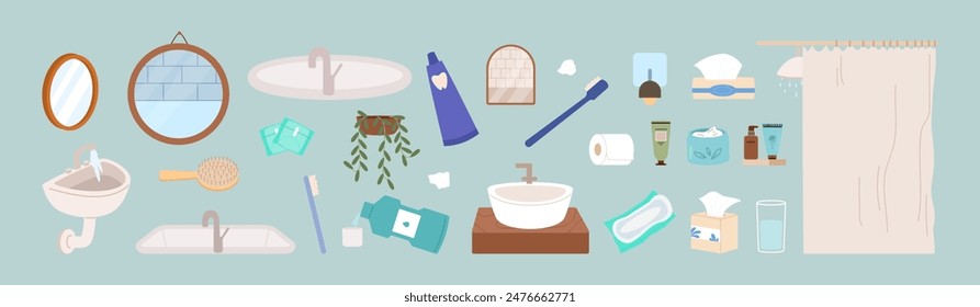 Bathroom elements. Hygiene items and furniture. Sinks mirrors douche and plant. Teeth brush, paste tube cream bottles, female pads and paper vector collection