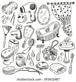 Bathroom elements icon set. Hand drawn bathroom interior elements. Bath, mirror, curtain, toothbrush, sink, towel, toilet paper, faucet and other.
