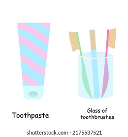 Bathroom elements illustration glass with tooth cheeks and toothpaste. Bathroom vector illustration