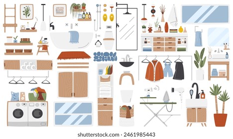 Bathroom elements interior design. Laundry room objects set isolated. Big house furniture collection in mid-century style. Many houseplants and home decor. Indoor hand drawn flat vector illustration