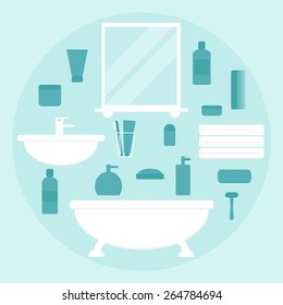 Bathroom elements. Isolated bathroom elements. Silhouette icons. Modern bathroom interior elements. Bathroom icons on background. Bathtub, mirror, sink. Flat style vector illustration. 