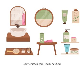 Bathroom elements, mirror and sink. Cosmetics tubes, lotion and facial skin cream. Face body beauty, self care vector cartoon graphic elements