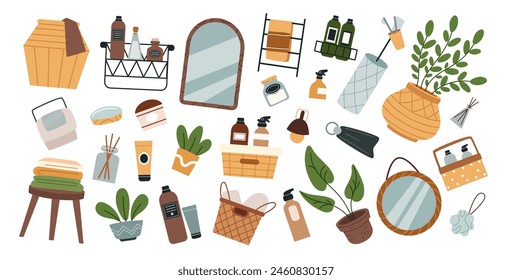 Bathroom elements. Modern home. Interior furniture. Bath towel and wash sponge. Soap bottle. Laundry basket. Bathtub and sink. Hair cosmetic. Toilet mirror. Flat closet. Vector tidy toiletries set