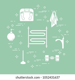 Bathroom elements:  scales, towel warmer, faucet, plunger, glasses, soap dispenser, towels. Design for poster or print.