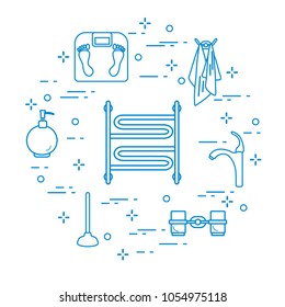 Bathroom elements:  scales, towel warmer, faucet, plunger, glasses, soap dispenser, towels. Design for poster or print.