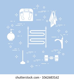 Bathroom elements:  scales, towel warmer, faucet, plunger, glasses, soap dispenser, towels. Design for poster or print.