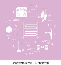 Bathroom elements:  scales, towel warmer, faucet, plunger, glasses, soap dispenser, towels. Design for poster or print.